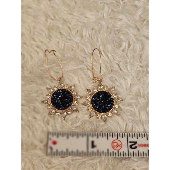 Gold-Tone Sunburst Drop Earrings With Black Crystals & Clear Rhinestones - Picture 3 of 5